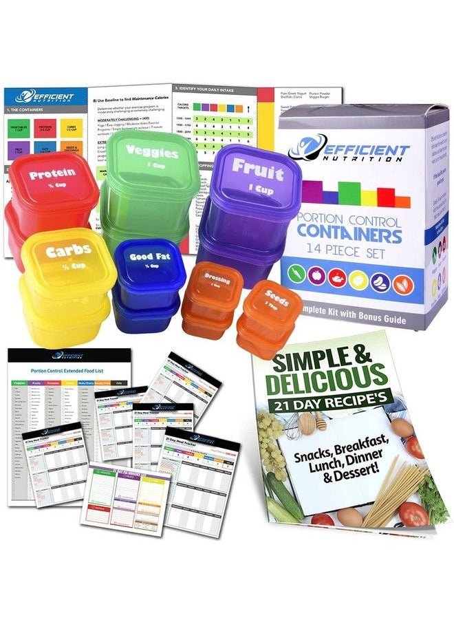 Efficient Nutrition - Portion Control Containers Deluxe Kit (14Piece) With Complete Guide + 21 Day Planner + Recipe Ebook Bpa Free Color Coded Meal Prep System For Diet And Weight Loss - Image 1