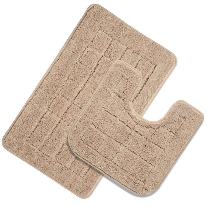 BATH RUG SET 2 PIECE BEIGE NON SLIP BATHROOM CONTOUR RUG COMBO MICROFIBER BATH SHOWER MAT AND USHAPED TOILET RUG MACHINE WASHABLE21X3420X20