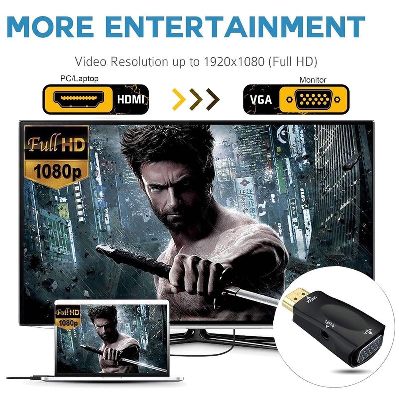 Microware MICROWARE HDMI to VGA Black Gold Plated 1080P HDMI Male to VGA Female Audio Video Converter Adapter Dongle with 3.5mm Audio Port - Image 2