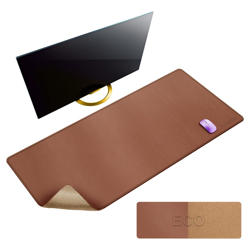 MAIDERN 472 x 236 XXL Cork Leather Desk Mat Full Desk Mouse Pad Dual Sided Gaming Home Office Brown