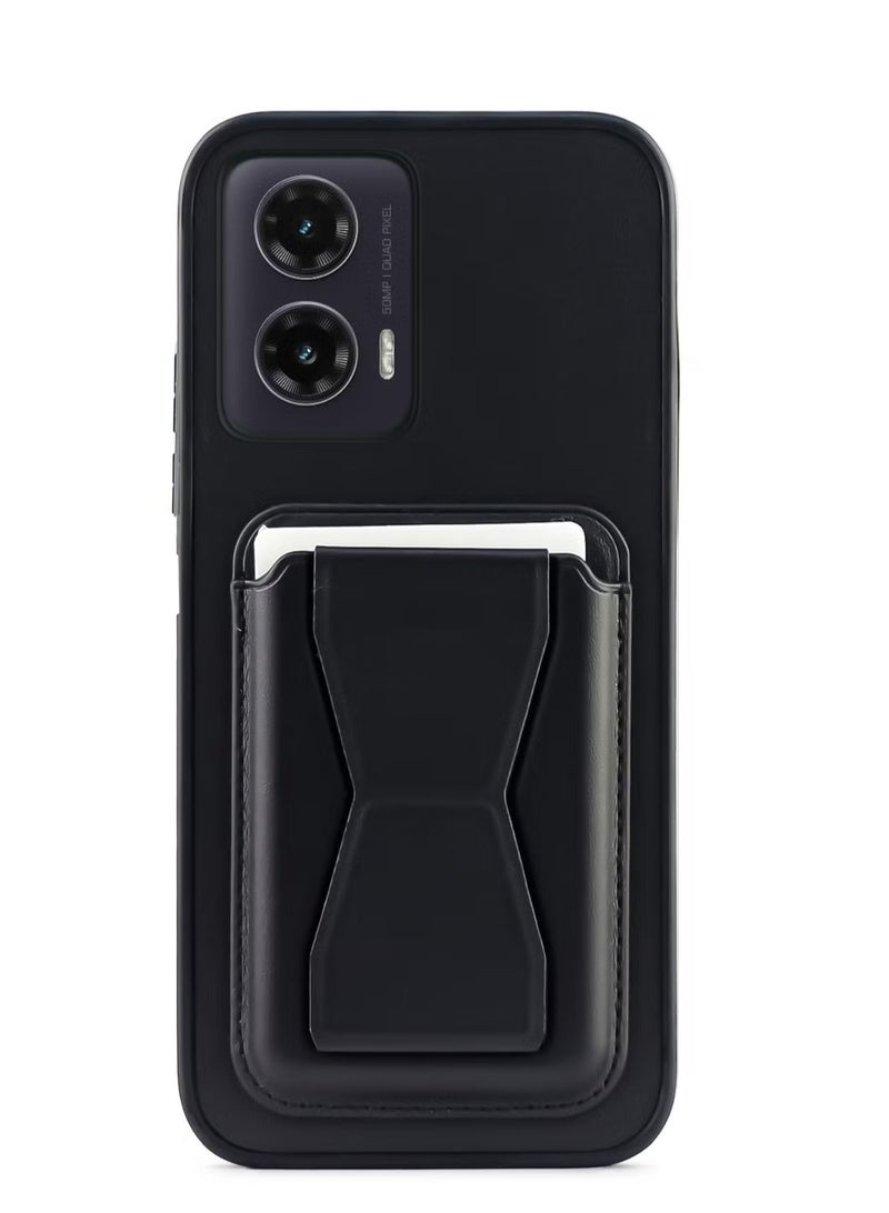 Leather back cover with card wallet Foldable Shockpoof Case compatible with Motorla Moto G35 (Black) 