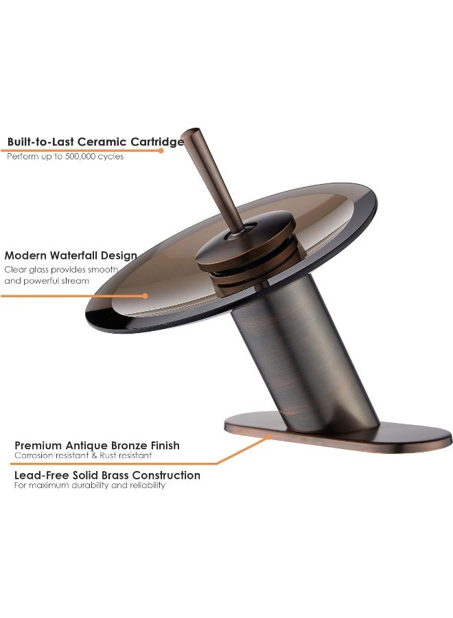RODDEX Waterfall Bathroom Faucet Solid Brass Glass Single Handle Single Hole Basin Vanity Sink Bath Faucet, Short, Oil Rubbed Bronze - Image 2