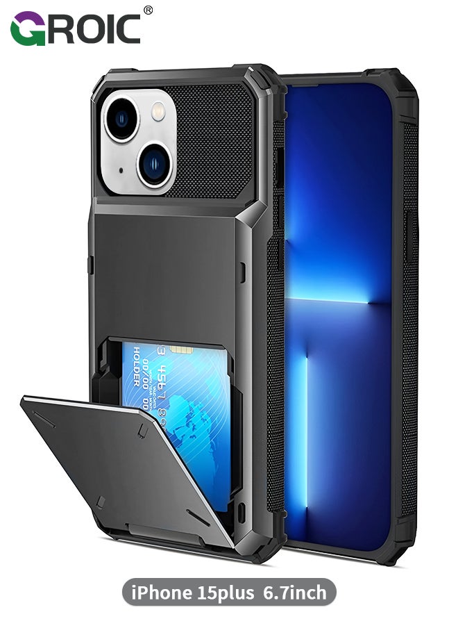 GROIC iPhone 15 Plus Gray Case Wallet Flip Cover 5 Card Back Pocket Credit Card Holder ID Slot Dual Layer Rugged TPU Bumper Hard Protective Armor Hybrid Shell for iPhone 15 Plus  - Image 1