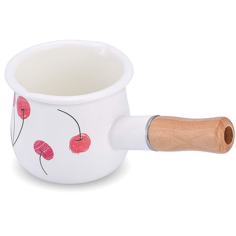 YumCute Home Enamel Milk Pot Small Saucepan Butter Warmer 4 Inch 17 Oz with Wooden Handle for Heating Smaller Liquid Portions