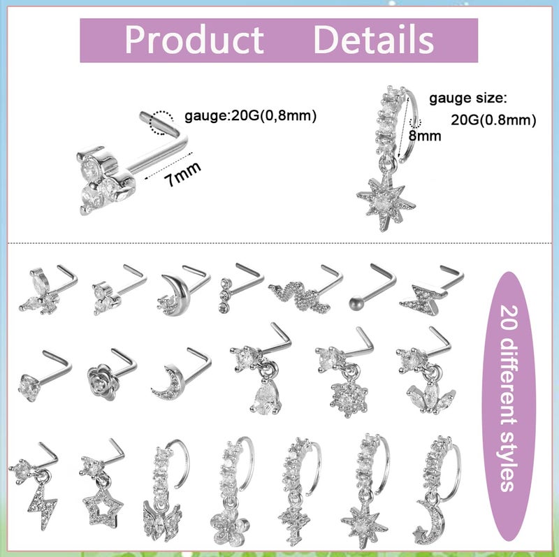 SAMOCO 20Pcs 20G Dangle Nose Ring L Shaped Dangling Nose Stud for Women Stainless Steel Nose Ring Studs CZ Flower Dangle Nose Rings Hoops Nose Piercing - Image 3