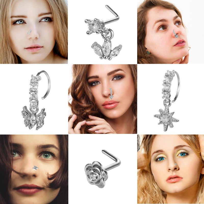 SAMOCO 20Pcs 20G Dangle Nose Ring L Shaped Dangling Nose Stud for Women Stainless Steel Nose Ring Studs CZ Flower Dangle Nose Rings Hoops Nose Piercing - Image 4