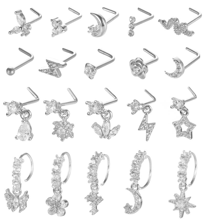 SAMOCO 20Pcs 20G Dangle Nose Ring L Shaped Dangling Nose Stud for Women Stainless Steel Nose Ring Studs CZ Flower Dangle Nose Rings Hoops Nose Piercing - Image 1