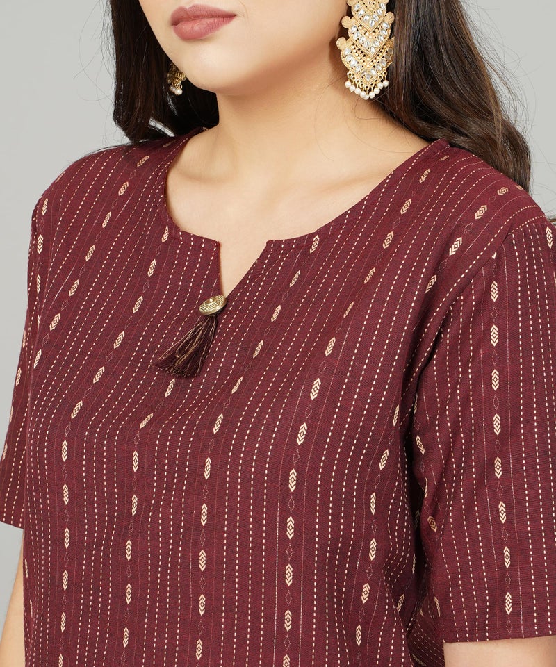 ANUSHIL Cotton Kurta for Women's and Girl's Dobby Woven Design V- Neck Elbow Sleeves Knee Length Office Wear | Short Kurti | Regular Fit (Color:-Maroon, Size:-L) - Image 3