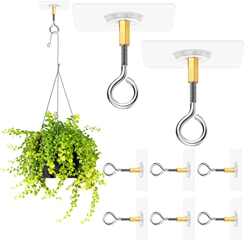 Yinkin 10 Pcs Ceiling Hooks Self Adhesive Stainless Steel Eye Hooks No Hole Hanger Transparent Waterproof Seamless Oilproof Wall Hangers 10lb (Max) for Hanging Plant Lights - Image 1