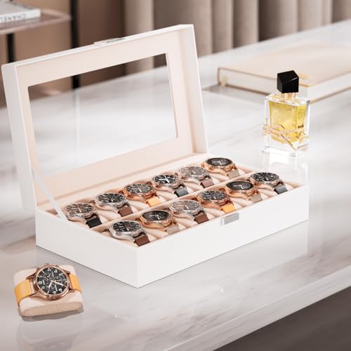 ProCase Watch Box Organizer 12 Slot Watch Display Case With Glass Lid Watch Storage Holder Mens Watch Case Anniversary Birthday Valentine Gifts for Men Women 12 Slot White - Image 3
