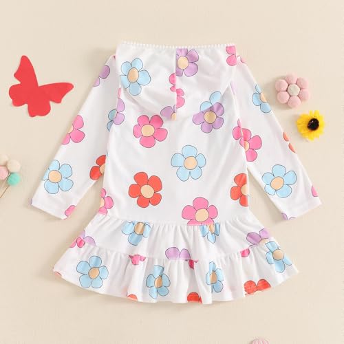 Mubineo Toddler Girl Long Sleeve Swimsuit Cute Beach Dress Floral Cover Ups Ruffle Bathing Suit Cover Up Kids Swimwear (White Flower, 3-4 Years) - Image 2