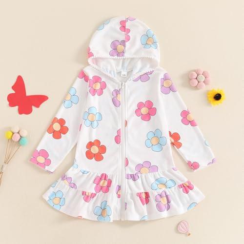 Mubineo Toddler Girl Long Sleeve Swimsuit Cute Beach Dress Floral Cover Ups Ruffle Bathing Suit Cover Up Kids Swimwear (White Flower, 3-4 Years) - Image 3