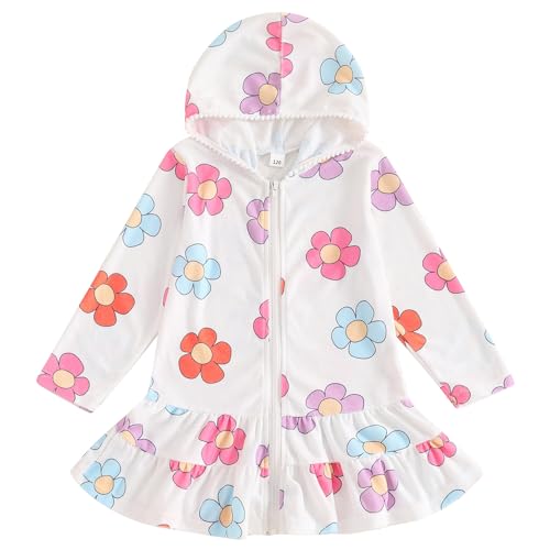 Mubineo Toddler Girl Long Sleeve Swimsuit Cute Beach Dress Floral Cover Ups Ruffle Bathing Suit Cover Up Kids Swimwear (White Flower, 3-4 Years) - Image 1