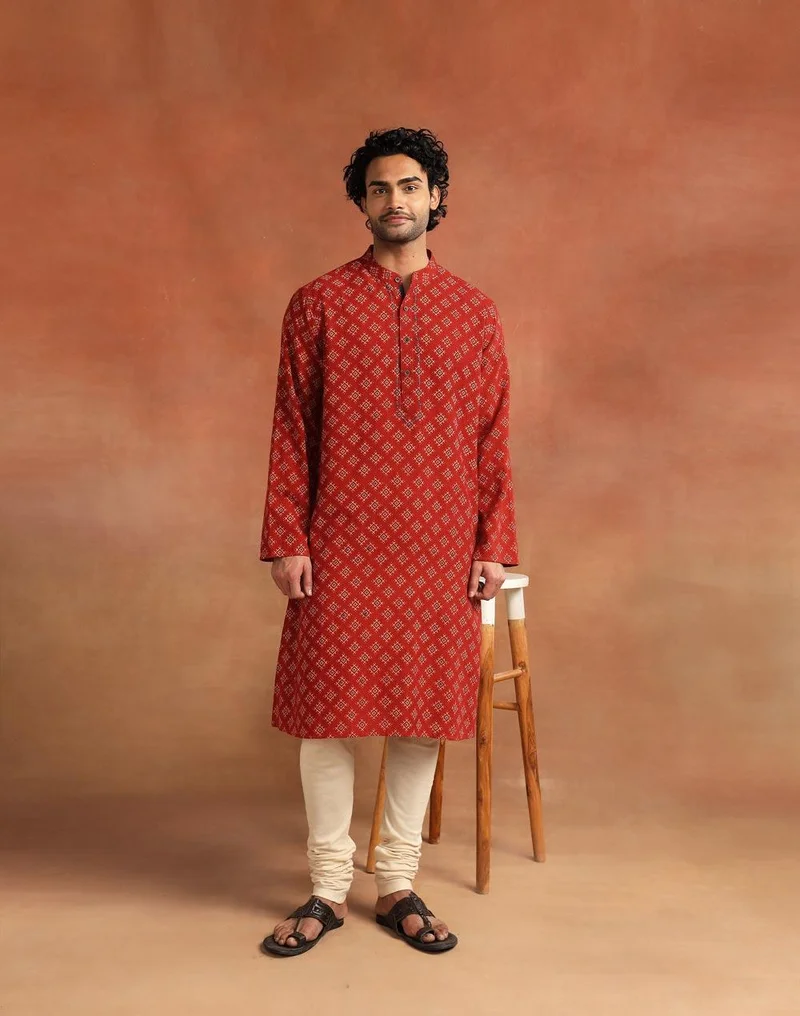 Fabindia Maroon Cotton Ajrakh Long Kurta