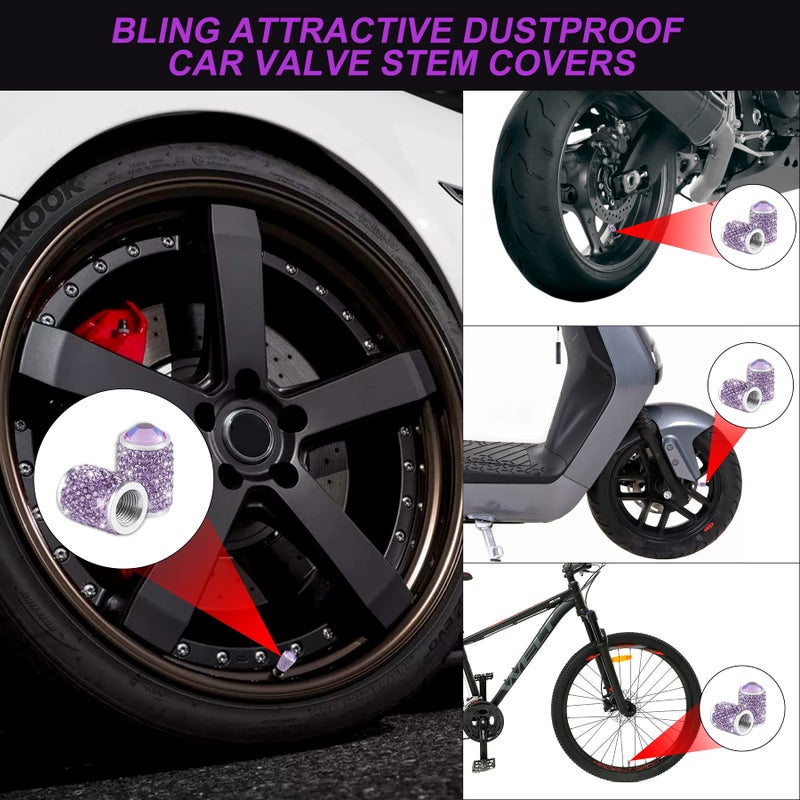 Alpmosn Car Wheel Tire Valve Caps, 4 PCS Bling Tire Valve Caps, Crystal Tire Caps Shinny Rhinestone for Women, Universal Car Dustproof Tire Valve Caps for Cars, Trucks, SUV and Motorcycles (Purple) - Image 5