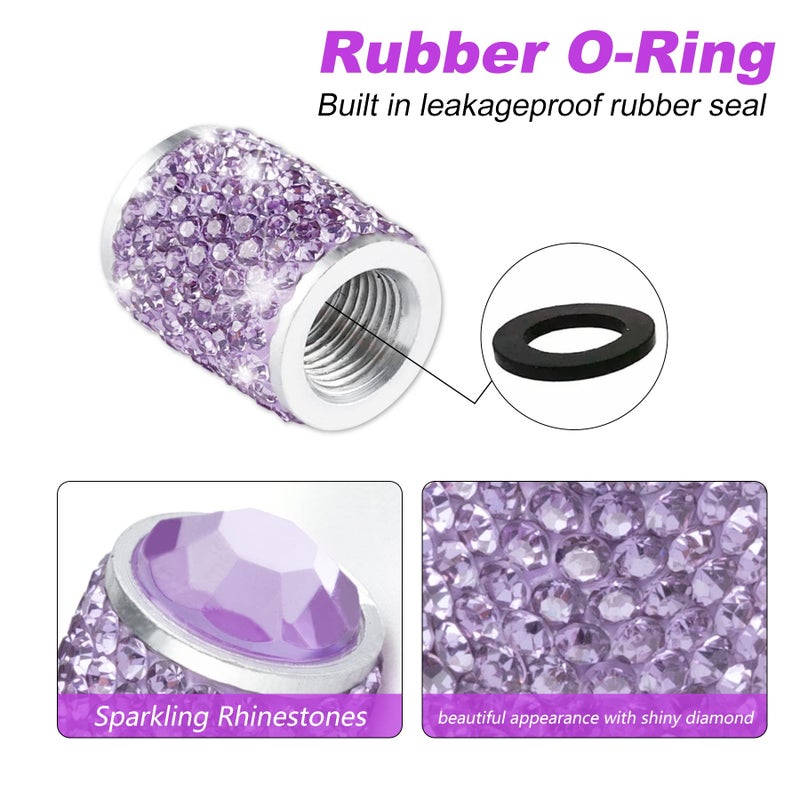 Alpmosn Car Wheel Tire Valve Caps, 4 PCS Bling Tire Valve Caps, Crystal Tire Caps Shinny Rhinestone for Women, Universal Car Dustproof Tire Valve Caps for Cars, Trucks, SUV and Motorcycles (Purple) - Image 2