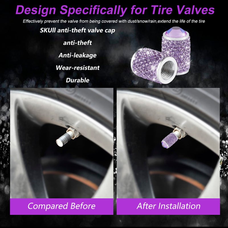 Alpmosn Car Wheel Tire Valve Caps, 4 PCS Bling Tire Valve Caps, Crystal Tire Caps Shinny Rhinestone for Women, Universal Car Dustproof Tire Valve Caps for Cars, Trucks, SUV and Motorcycles (Purple) - Image 3