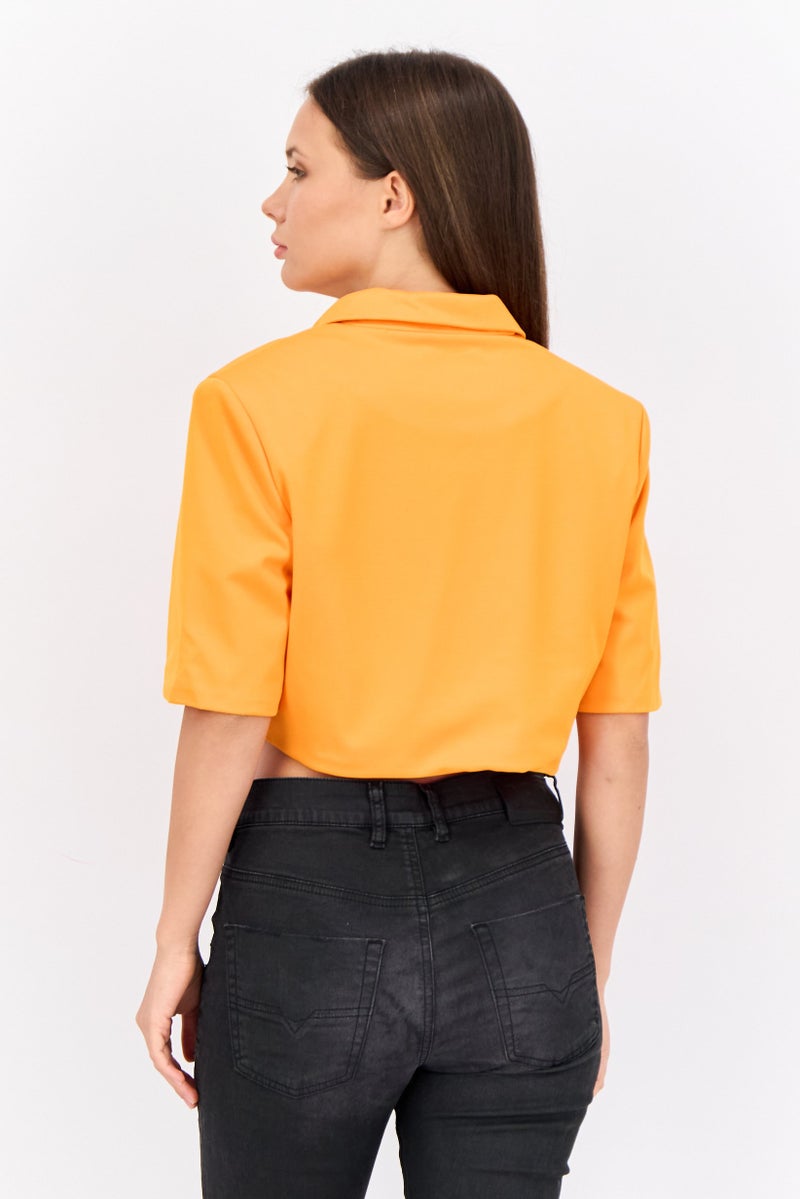 Unique21 Women Regular Fit Solid Semi Formal Cropped Blazer, Orange - Image 3