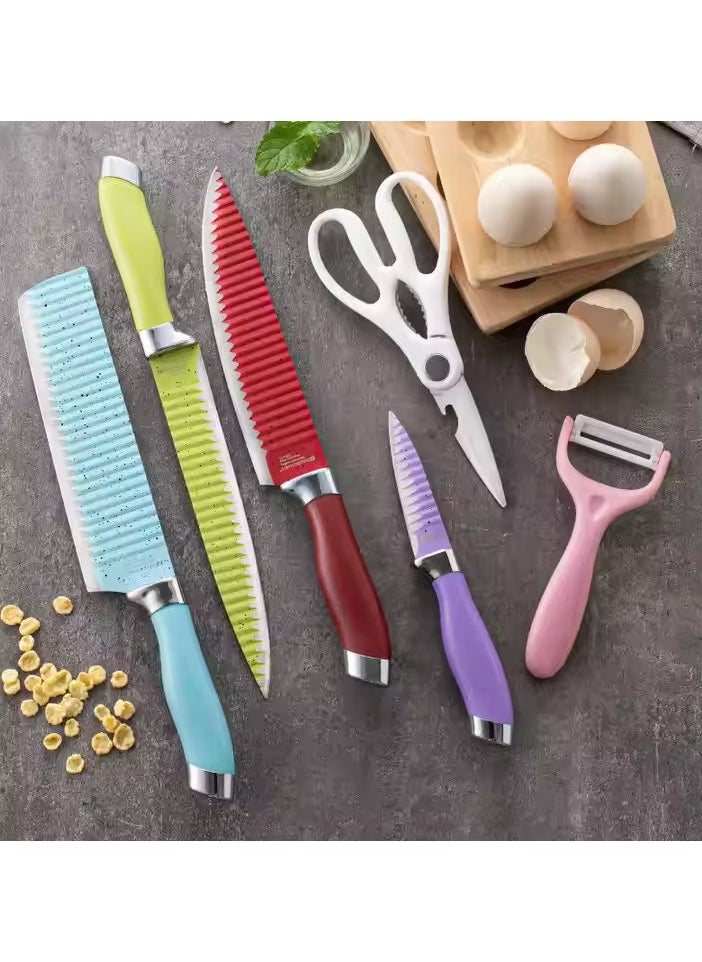VIO 6 Piece Non Stick Colorful Kitchen Knife Set with Wavy Pattern Lightweight and Durable Knives for Easy Everyday Food Preparation and Cutting  - Image 2