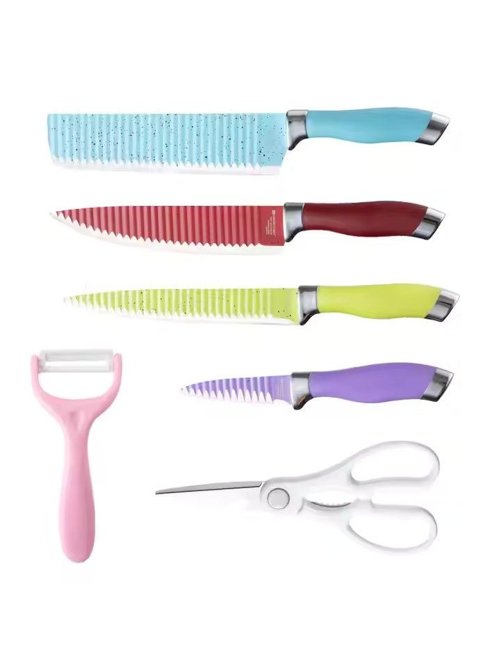 VIO 6 Piece Non Stick Colorful Kitchen Knife Set with Wavy Pattern Lightweight and Durable Knives for Easy Everyday Food Preparation and Cutting  - Image 1