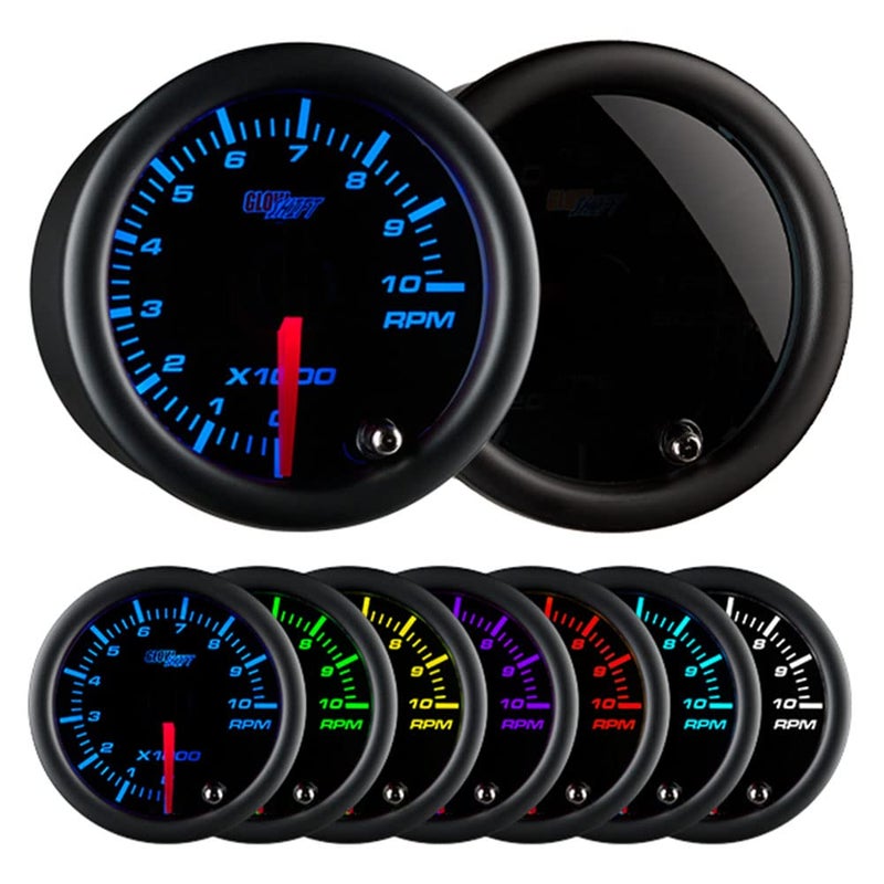 عداد دورات المحرك GlowShift الملون 7 ألوان 10000 دورة في الدقيقة لسيارات محركات الغاز ذات 110 أسطوانة يشمل الأسلاك عرض متعدد الألوان قرص أسود عدسة مدخنة 2116 52 مم