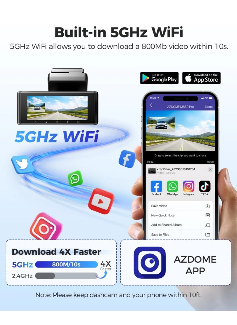 أزدوم كاميرا Dash Cam 4K+1080P أمامية وخلفية بشاشة IPS مقاس 3.18 بوصة كاميرا Dashcam 5GHz Wi-Fi GPS 150°V كاميرا سيارة WDR للرؤية الليلية  - Image 5