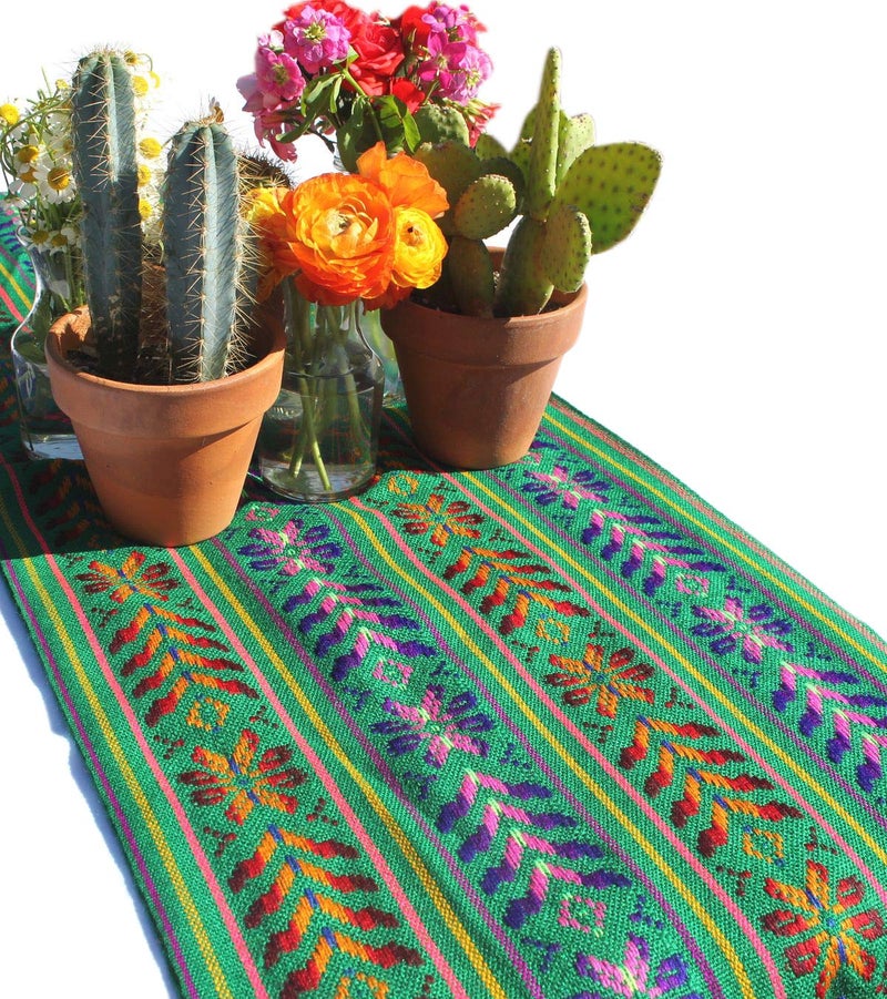 Del Mex Woven Rebozo Style Mexican Table Runner Scarf Green