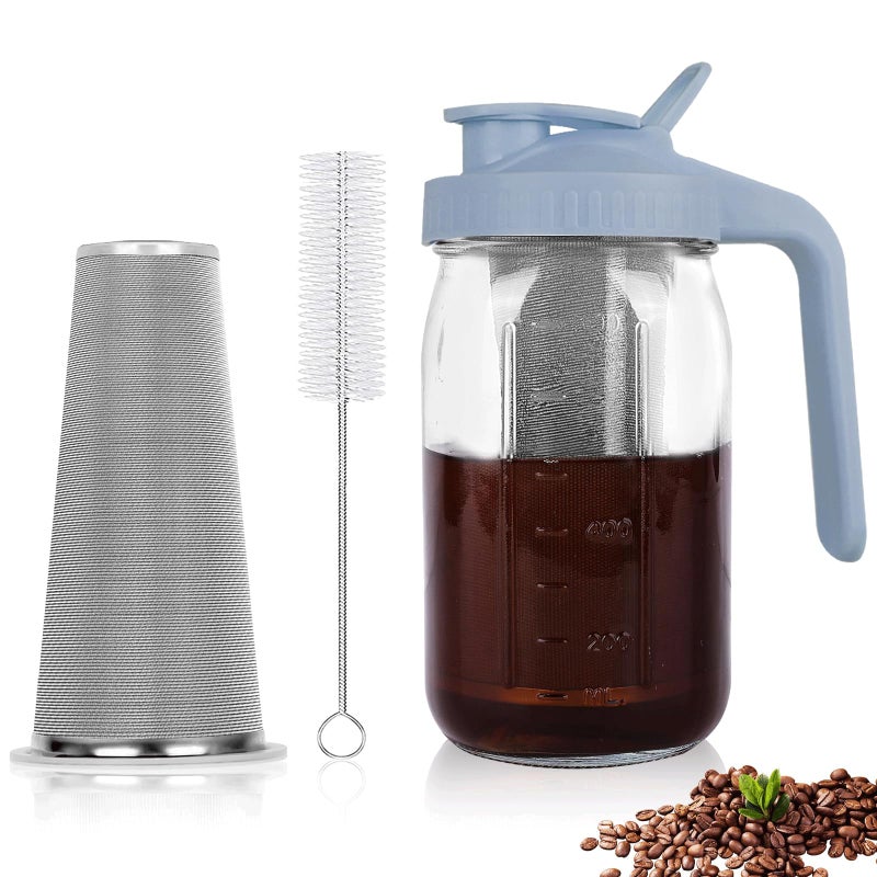 QHH Cold Brew Coffee Maker,32 oz Mason Jar Pitcher with Stainless Steel Filter, Pour Spout Handle Lid, Heavy Duty Glass Airtight & Leak-Proof Pitcher for iced coffee Tea Lemonade-Gray - Image 1