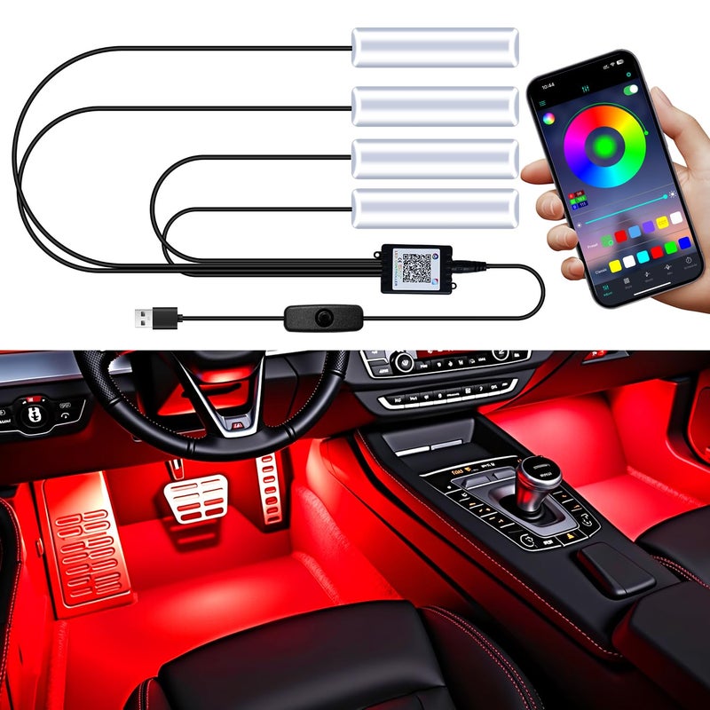 Qasim Car LED Lights Interior, RGB Under Dash Foot Well Lighting Kit with DIY Mode, Mult-Color Light for Car with APP Control and Button Control, Music Sync USB 5V DC - Image 1