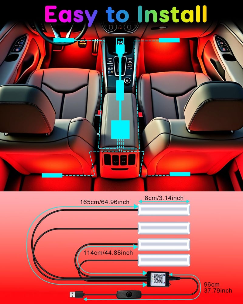 Qasim Car LED Lights Interior, RGB Under Dash Foot Well Lighting Kit with DIY Mode, Mult-Color Light for Car with APP Control and Button Control, Music Sync USB 5V DC - Image 3