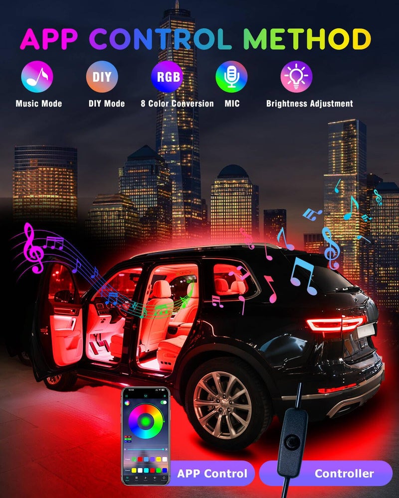 Qasim Car LED Lights Interior, RGB Under Dash Foot Well Lighting Kit with DIY Mode, Mult-Color Light for Car with APP Control and Button Control, Music Sync USB 5V DC - Image 2