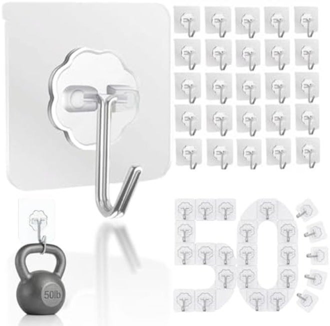 DDMY Heavy Duty Hook 24 Pack Self Adhesive Hooks for Hanging Wall Hooks Transparent Reusable Waterproof Adhesive Sticky Hook for Kitchen Curtain, Towel Bathroom,Coat Shower Door Utility No Damage - Image 1