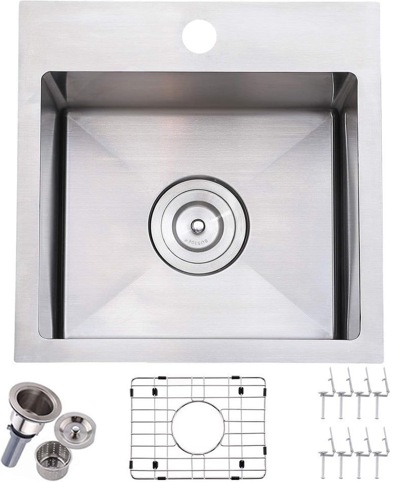 VALISY 15x15 Inch Bar Sink Drop In, Topmount Kitchen Sink Stainless Steel Square Small Sinks, Single Bowl Kitchen Sinks for Laundry Wet Bar Prep RV Office Outdoor Yard - Image 1
