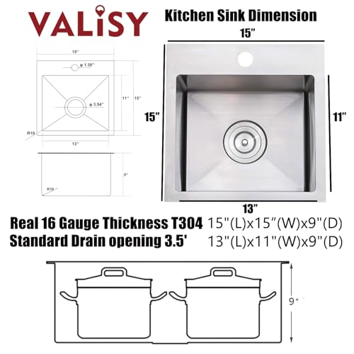 VALISY 15x15 Inch Bar Sink Drop In, Topmount Kitchen Sink Stainless Steel Square Small Sinks, Single Bowl Kitchen Sinks for Laundry Wet Bar Prep RV Office Outdoor Yard - Image 4
