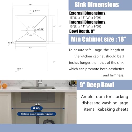 VALISY 15x15 Inch Bar Sink Drop In, Topmount Kitchen Sink Stainless Steel Square Small Sinks, Single Bowl Kitchen Sinks for Laundry Wet Bar Prep RV Office Outdoor Yard - Image 5
