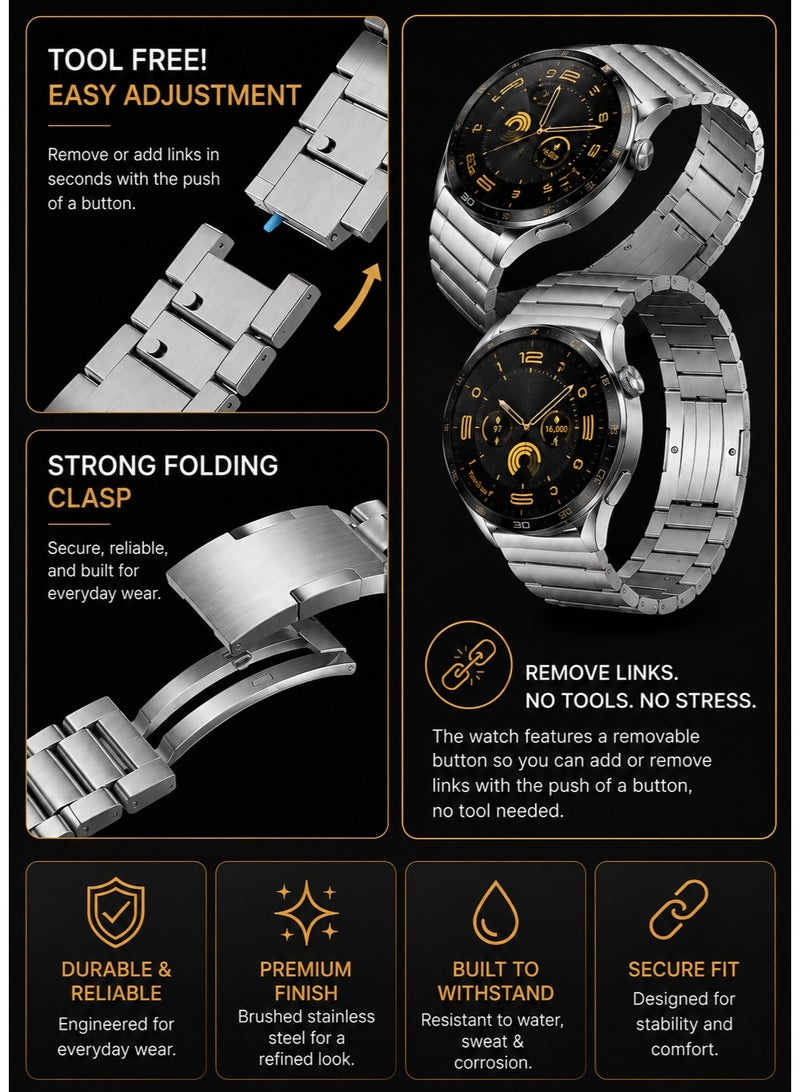 SARAOONT 22mm Stainless Steel Watch Band for Huawei Watch GT6 Pro/GT6/GT5 Pro/GT4, Samsung & Universal Smartwatches, Premium Metal Replacement Strap with Tool-Free Adjustment - Image 2