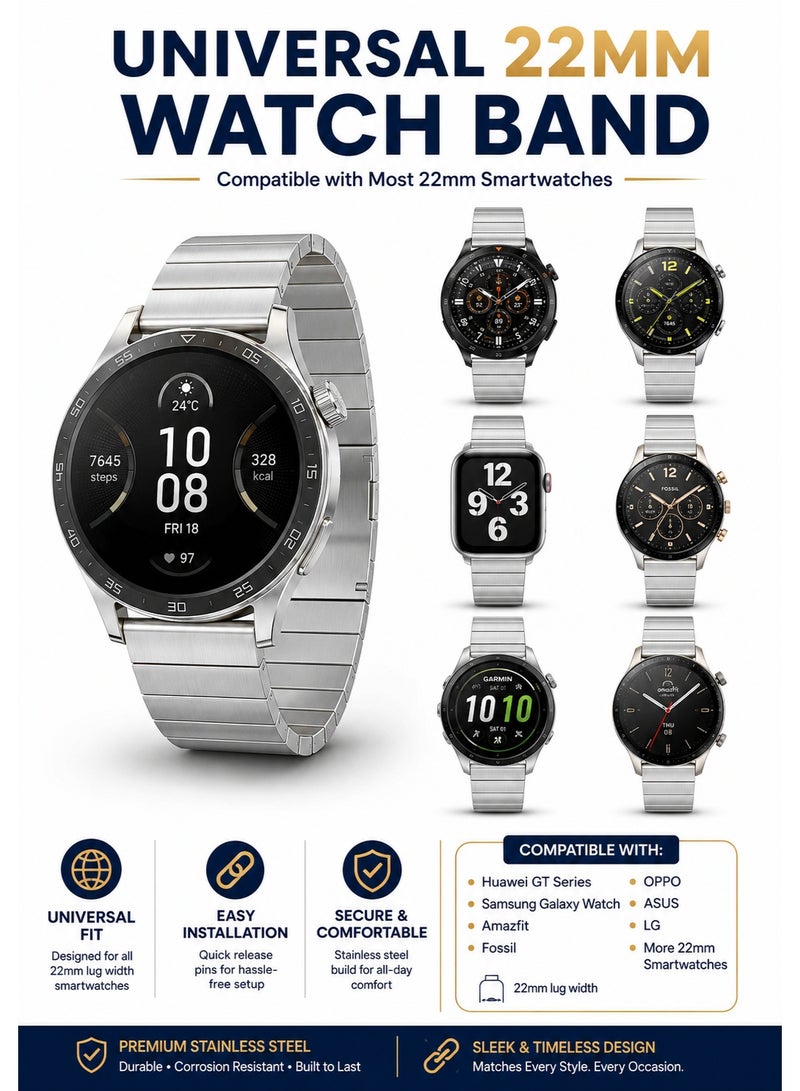 SARAOONT 22mm Stainless Steel Watch Band for Huawei Watch GT6 Pro/GT6/GT5 Pro/GT4, Samsung & Universal Smartwatches, Premium Metal Replacement Strap with Tool-Free Adjustment - Image 4