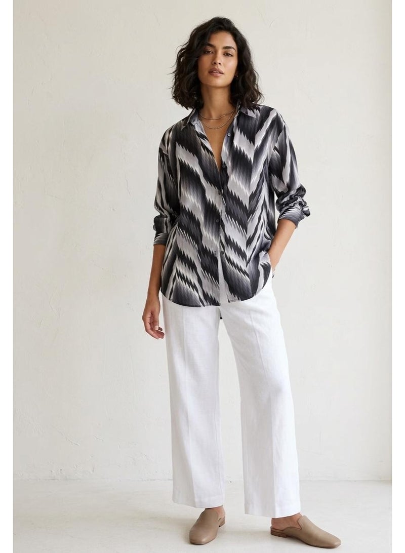 Womens Long Sleeve Button Up Shirt with Black White Grey Zigzag Pattern