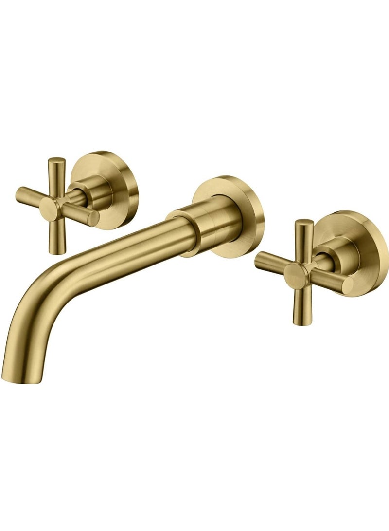 المفتاحة حنفية حوض حمام ذهبية فاخرة مثبتة على الحائط بمقبضين متقاطعين - لمسة نهائية من النحاس المصقول، حنفية خلاط مياه ساخنة وباردة لحوض الحمام، تصميم عصري، متينة ومقاومة للتآكل والصدأ. - Image 1