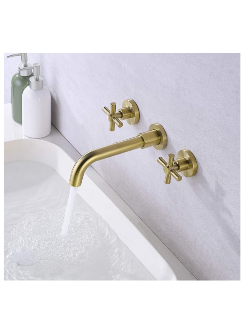 المفتاحة حنفية حوض حمام ذهبية فاخرة مثبتة على الحائط بمقبضين متقاطعين - لمسة نهائية من النحاس المصقول، حنفية خلاط مياه ساخنة وباردة لحوض الحمام، تصميم عصري، متينة ومقاومة للتآكل والصدأ. - Image 2