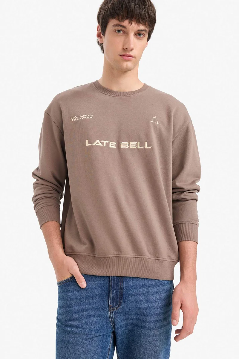 Defacto Cotton Boxy Fit Crew Neck Embroidered Sweatshirt