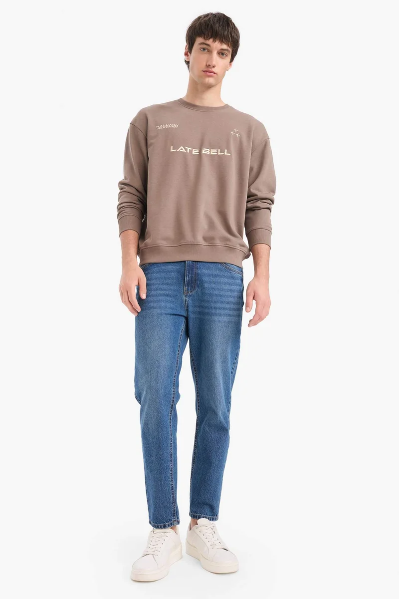Defacto Cotton Boxy Fit Crew Neck Embroidered Sweatshirt