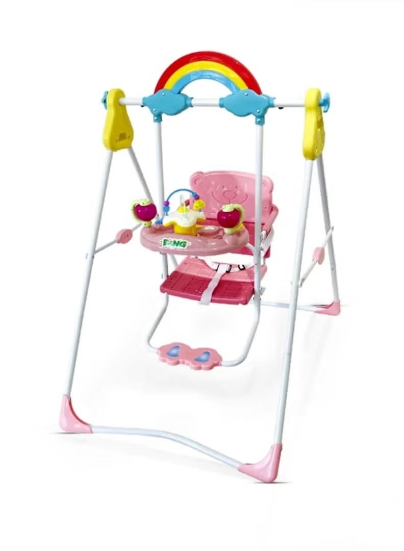 أرجوحة آمنة للأطفال مع ألعاب ممتعة وقوس ملون - وردي - Image 1