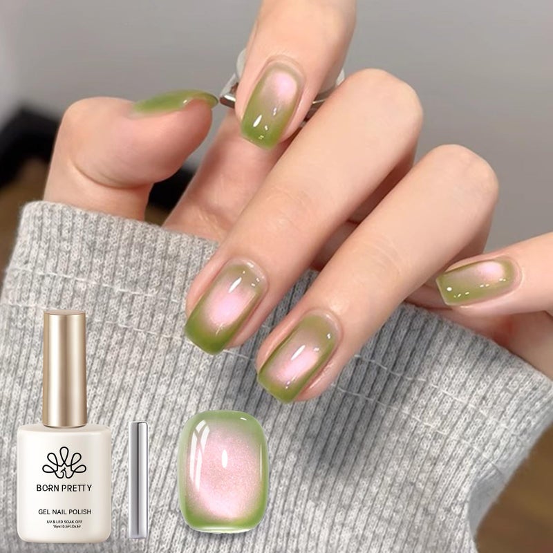 BORN PRETTY Cat Magnetic Eye Gel Nail Polish,Sweet Guava Green Pink Magnetic Gel Polish Manicure Nail Art DIY 15ml - Image 1