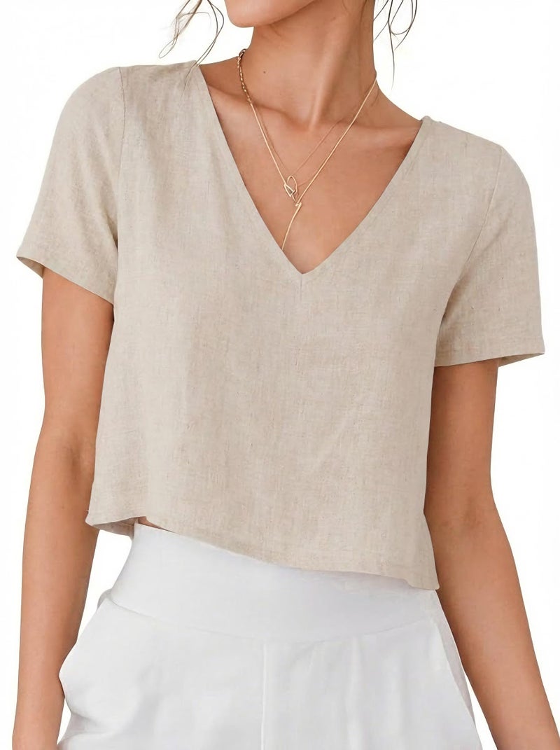 IDEALSANXUN Linen Shirts for Women 2026 Trendy Spring Summer V Neck Cute Crop Beach Short Sleeve Blouses Going Out Tops, Beige, M - Image 1