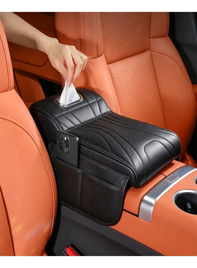 Bukela Center Console Cover Storage Box, Car Armrest Cover with Storage Pockets and Tissue Holder, Padded Armrest Cover, Ripple Pattern, Black - Image 1