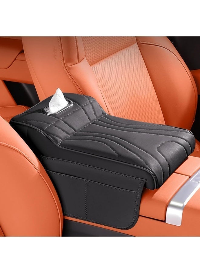Bukela Center Console Cover Storage Box, Car Armrest Cover with Storage Pockets and Tissue Holder, Padded Armrest Cover, Ripple Pattern, Black - Image 3