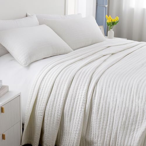 DAWNDIOR Queen Quilt Set – 90"x90" Soft Washed Lightweight Bedspread with Multi-Lock Quilting, Minimalist Nordic Bedding, All-Season Quilt for Spring, Summer & Fall (1 Quilt + 2 Pillow Shams), Cream White - Image 1
