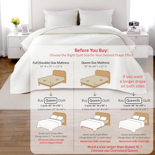 DAWNDIOR Queen Quilt Set – 90"x90" Soft Washed Lightweight Bedspread with Multi-Lock Quilting, Minimalist Nordic Bedding, All-Season Quilt for Spring, Summer & Fall (1 Quilt + 2 Pillow Shams), Cream White - Image 3