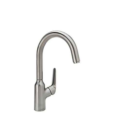 hansgrohe Focus N Stainless Steel High Arc Kitchen Faucet, Kitchen Faucets with Pull Down Sprayer, Faucet for Kitchen Sink, Stainless Steel Optic 71800801 - Image 1